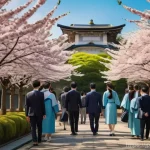 공연기획사의 시즌별 업무 차이 - A vibrant and hopeful scene of a Japanese university entrance ceremony taking place outdoors, with c...