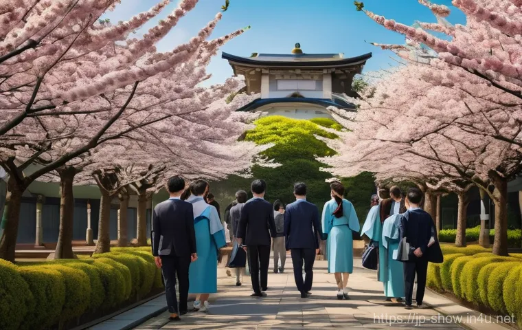 공연기획사의 시즌별 업무 차이 - A vibrant and hopeful scene of a Japanese university entrance ceremony taking place outdoors, with c...