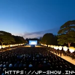 공연기획사의 프로젝트 완료 사례 - Photorealistic wide-angle view of a completed outdoor music festival at dusk in a Japanese city park...