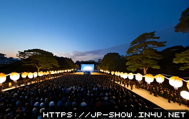공연기획사의 프로젝트 완료 사례 - Photorealistic wide-angle view of a completed outdoor music festival at dusk in a Japanese city park...