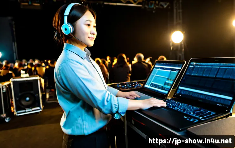 공연기획사에서 실무 경험 쌓기 - Photorealistic young event planning assistant gaining hands-on experience backstage at a modern conc...