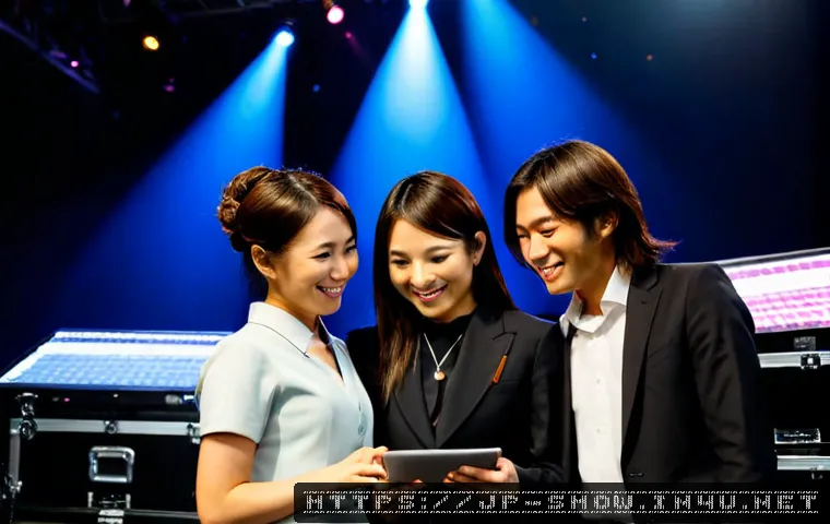 공연기획사에서의 성공적인 첫 프로젝트 - Photorealistic Japanese event planning team celebrating their first successful live music project ba...